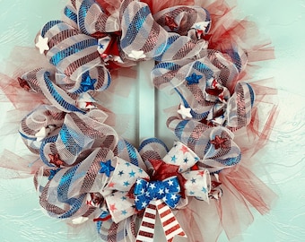 Patriotic Red, White & Blue Wreath – 18 Inch Handmade Front Door Decor