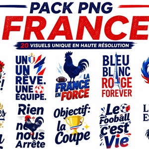 Könnte beinhalten: Eine digitale Sammlung von 20 hochauflösenden PNG-Grafiken mit französischen Sportmotiven. Die Bilder enthalten Illustrationen von Hähnen, Fußbällen, Pokalen und dem Eiffelturm, begleitet von Texten wie Allez les Bleus.