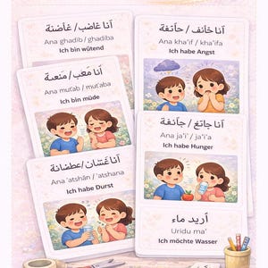 Könnte beinhalten: Ein druckbares PDF im A4-Format mit Lernkarten auf Deutsch und Arabisch. Jede Karte zeigt ein Gefühl mit Illustrationen von Kindern. Die Karten enthalten Sätze wie "Ich bin wütend" und "Ich habe Angst".