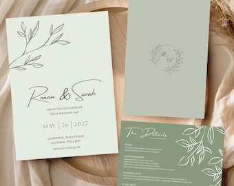 Sage Green Leaf Wedding Invitation Set: Editable Canva Template (Digital Download)