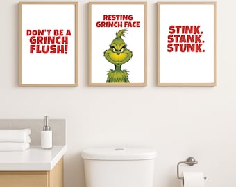 Conjunto de 3 pôsteres divertidos do Grinch para banheiro no Natal (Download Digital)