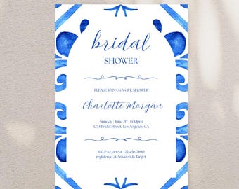 Blue Tile Bridal Shower Invitation: Elegant Watercolor (Editable Template)