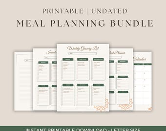Puede incluir: Un paquete de planificación de comidas imprimible y sin fecha, con una lista de compras semanal, un planificador de comidas y un calendario. Las páginas son de color crema con detalles en verde oscuro y dorado. El texto incluye "Imprimible", "Sin fecha".