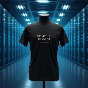 Camiseta 1337 Speak "CR3473 > C0N5UM3" - Camiseta de filosofía codificada - Ropa urbana minimalista hacker - Camiseta gráfica unisex