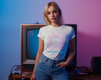 Retro Neon TV T-Shirt 80s Vaporwave Graphic Tee Vintage Television Aesthetic Shirt Synthwave Streetwear Unisex Retro Tech Gift
