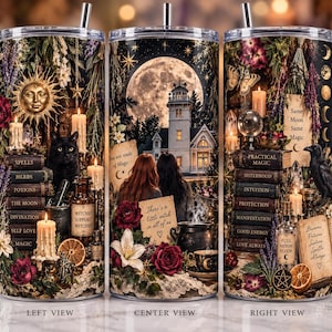 May include: A cylindrical tumbler with a straw featuring a detailed illustration of a full moon, a lighthouse, two people, a black cat, a raven, stacks of books labeled with magical terms, candles, flowers, and text including "You are made of Magic."