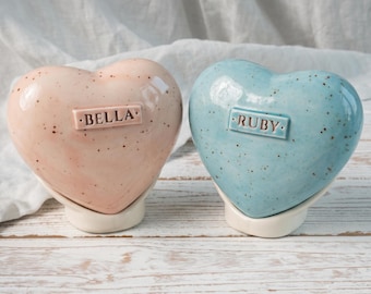 Heart Ceramic Urn with Stand: Personalised Memorial Keepsake, Choose your Blue or Pink Glaze, Loss of Mother Dad Gift