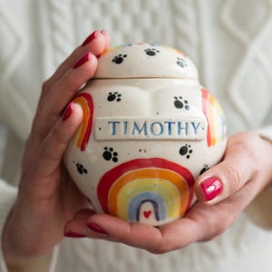 May include: A cream-colored ceramic pet urn with a lid, featuring a rainbow design and paw prints. The urn has the name "TIMOTHY" in blue lettering. The design includes a rainbow with a heart at the bottom.