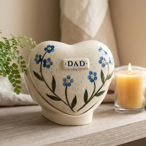 Forget Me Not Heart Urn: Ceramic Memorial Keepsake for Pet or Human Ashes