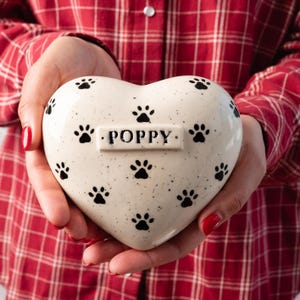 Paw Print Heart Ceramic Personalized Keepsake for Pet Ashes: Engraved Name Dog Cat Loss Gift