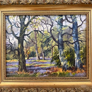 Bluebell Wood, original small vintage oil painting by John Spencer