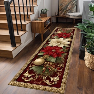Alfombra navideña con diseño de flor de Pascua: alfombra floral roja y dorada, decoración festiva para el pasillo.