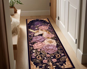Verzauberter Einhorn-Läufer-Teppich: Fantasie-Blumen-Zauber-Design, eleganter verträumter Pastell-Wohnkultur-Akzent