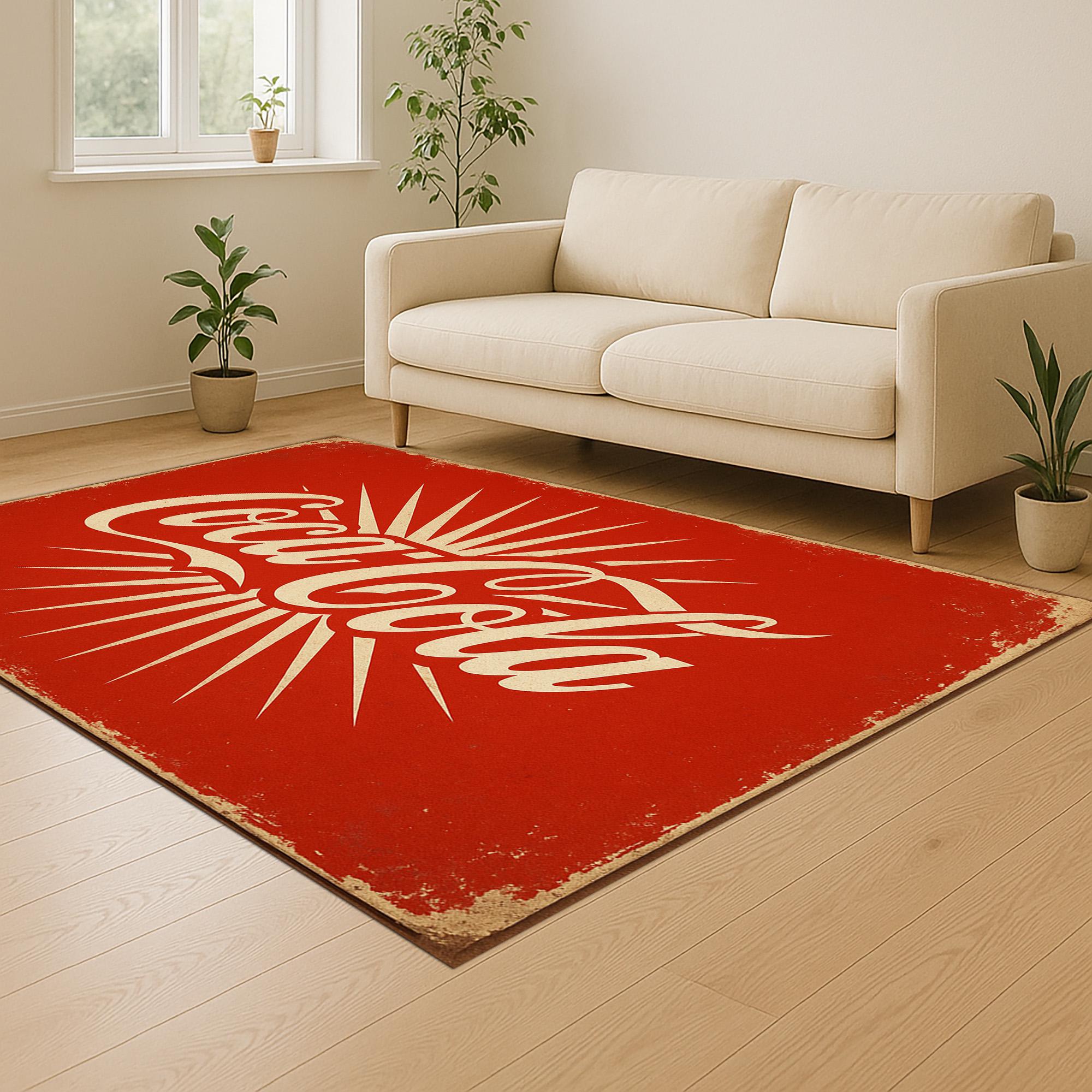 Coca Cola Rug: Retro Red Design, Classic Beverage Logo Pattern