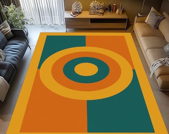 Retro Geometric Rug: Bold Circle Symmetry Carpet, Mid Century Modern Design, Orange Blue Accent