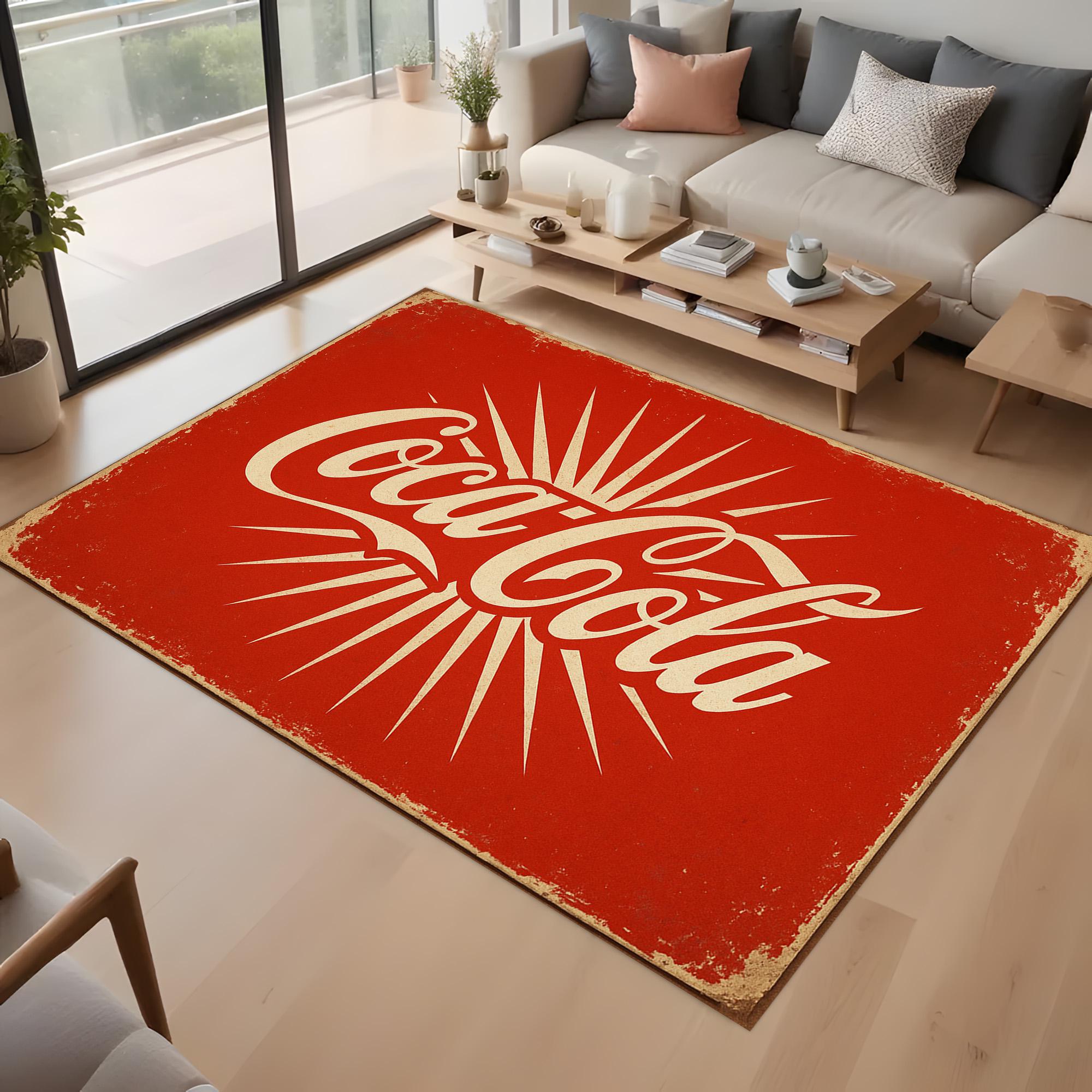 Coca Cola Rug: Retro Red Design, Classic Beverage Logo Pattern
