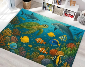 Underwater Sea Life Rug: Colorful Coral Carpet, Tropical Fish Design, Ocean Marine Room Decor