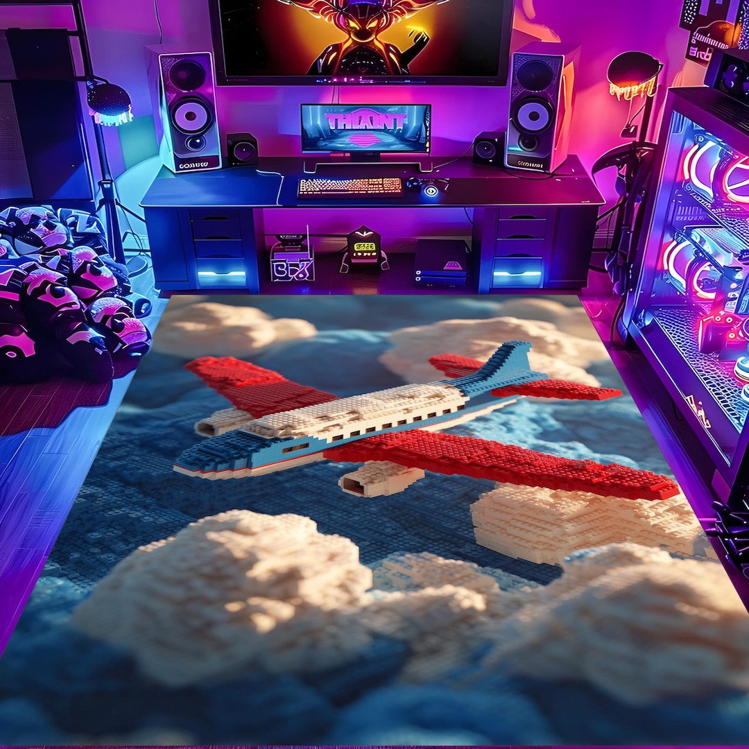 Red Lego Rug Lego Airplane Rug: Red Blue Jet in Clouds, 3D Brick Flight Kids Room ...