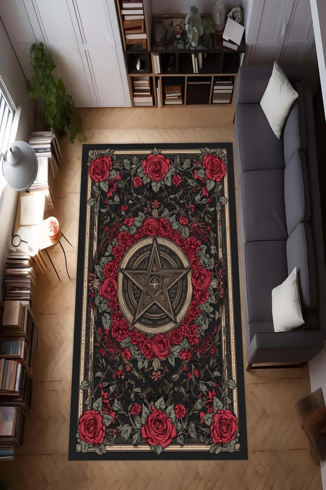 Gothic Rose Pentagram Rug, Dark Floral Occult Area Carpet, Victorian ...