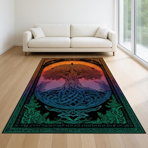 May include: A rectangular rug with a tree of life design. The rug features a detailed illustration of a tree with intertwined roots and branches, set against a sunset-colored sky. The border is adorned with Celtic knotwork and runes, in shades of green and blue.