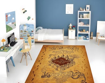 Alfombra con el mapa del mundo mágico: Castillo de la escuela mágica, fantasía de Harry y brujería, decoración de películas místicas