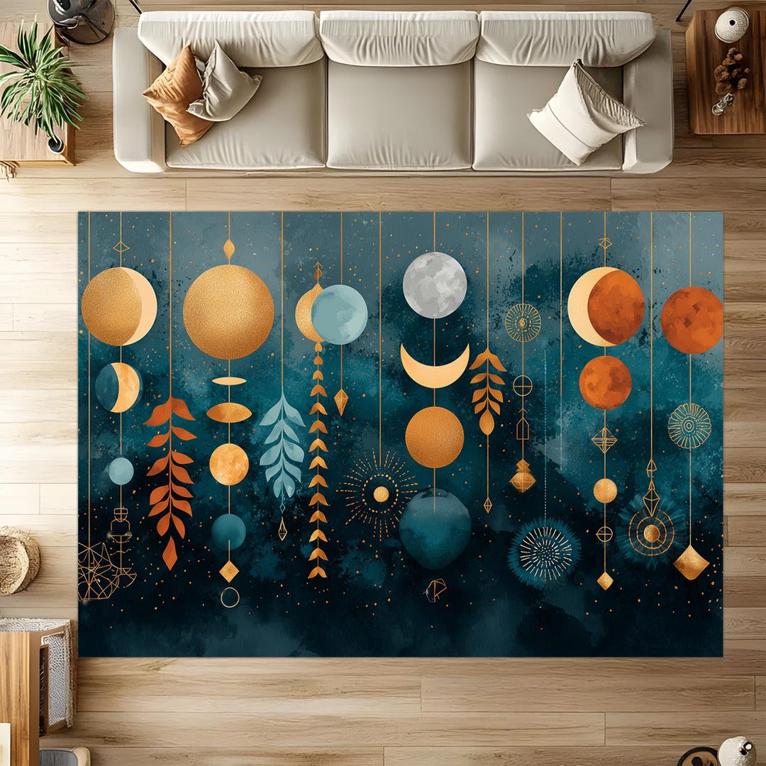 Astral Rug Pattern Cosmic Phases Rug: Lunar Eclipse Design, Golden Celestial Moons ...