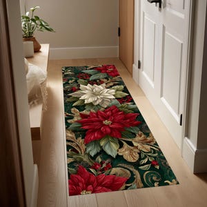 May include: A rectangular runner rug featuring a floral design with large red and white poinsettias, green leaves, and gold accents on a dark green background. The rug is placed in a hallway.