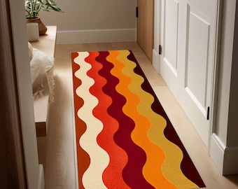 Tapete Retro Waves Runner: Tapete Laranja, Amarelo, Vermelho, Linhas Groovy, Decoração Retro dos Anos 70