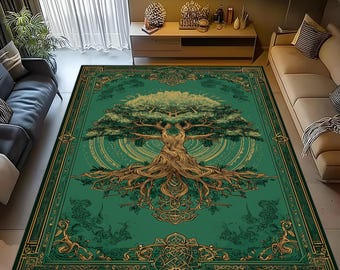 Celtic Tree Rug: Sacred Life Symbol Carpet, Green Gold Roots Design, Mystical Nature Accent