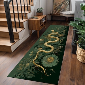 May include: A dark green runner rug with a golden snake design winding through floral elements. The rug features gold accents and a detailed botanical pattern. The runner is rectangular and suitable for hallways or entryways.
