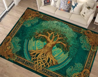Yggdrasil Tree Rug: Emerald Gold Carpet, Celtic Knot Design, Mythical Nature Art, Spiritual Decor