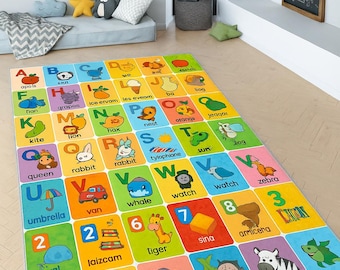 May include: A colorful alphabet and number rug for a child's room. The rug features letters A-Z and numbers 1-8, each in a different color, with corresponding illustrations like an apple, grapes, and a zebra. The rug is rectangular and sits on a light-colored wooden floor.