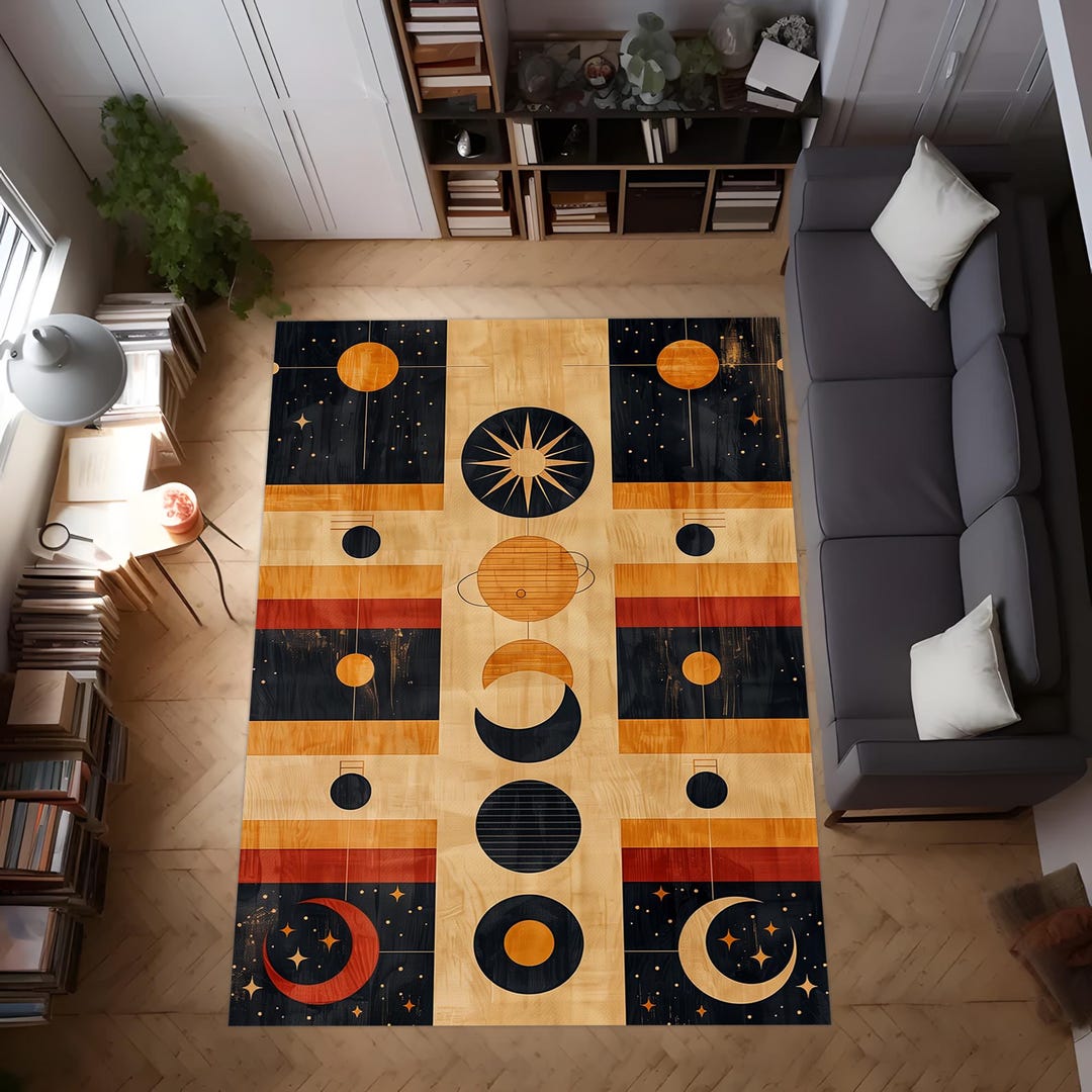 Celestial Rugs Celestial Moon Phases Rug: Retro Cosmic Decor - Etsy