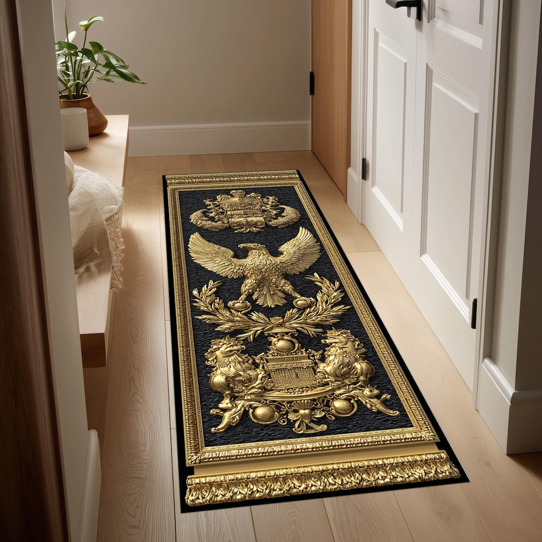 Imperial Eagle Runner Rug: Golden Heraldic Crest Design, Royal Baroque ...