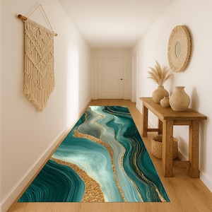 Emerald Gold Marble Runner Rug: Luxury Green Veined Pattern, Elegant Modern Abstract Home Accent
