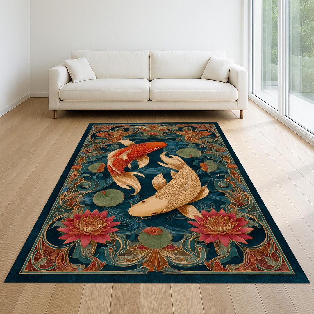 Red Koi Rug Koi Fish Rug: Gold Red Carp Carpet, Lotus Floral Design, Oriental ...