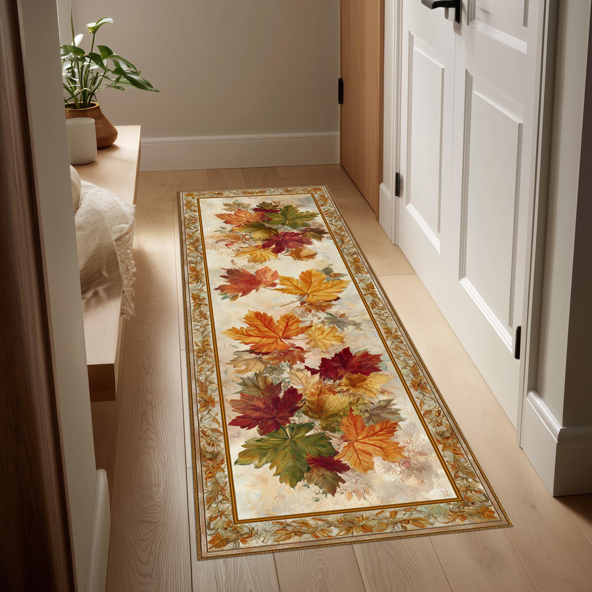 Autumn Maple Leaves Runner Rug: Golden Beige Fall Carpet, Elegant ...