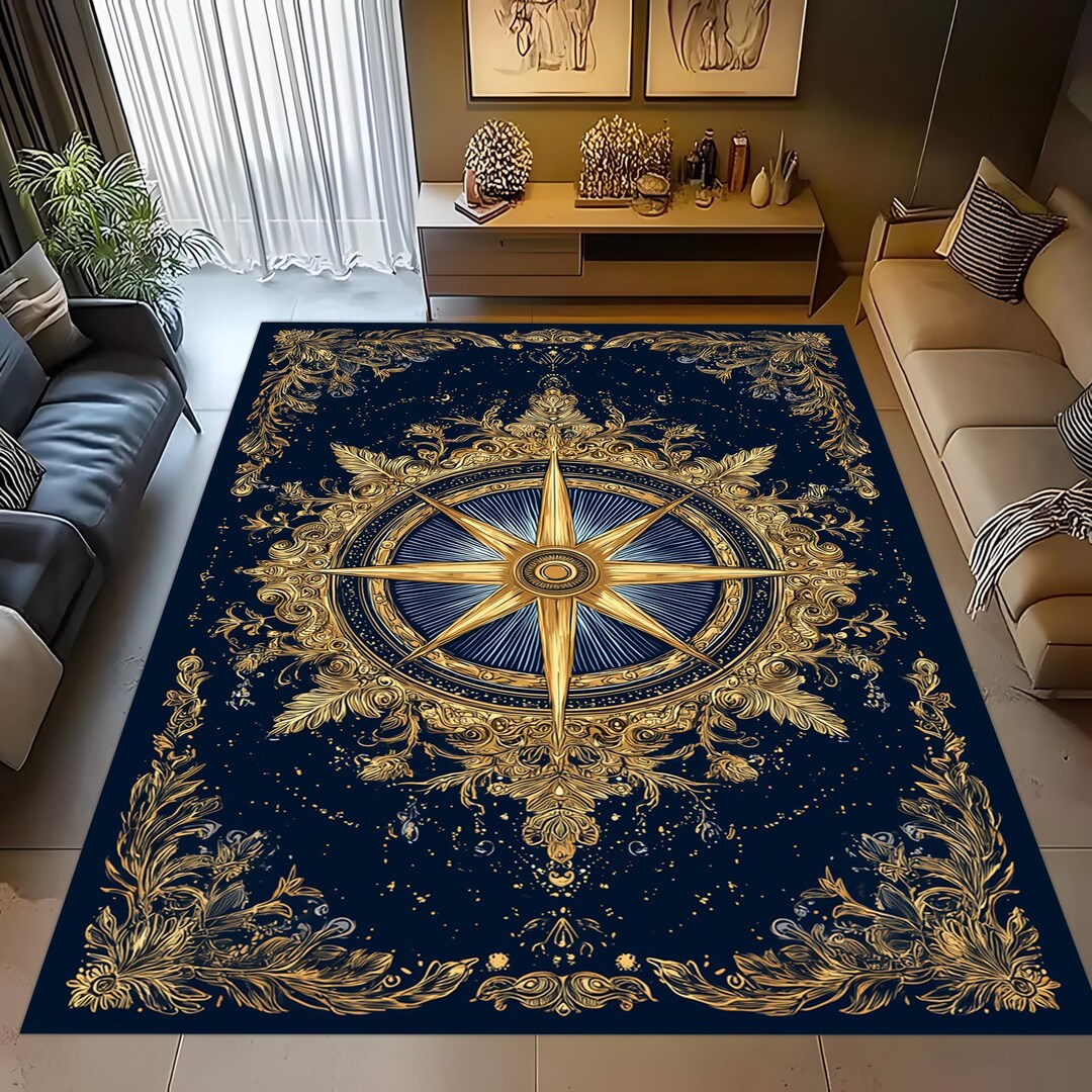 Navy & Gold Compass Rug: Nautical Explorer Carpet - Etsy