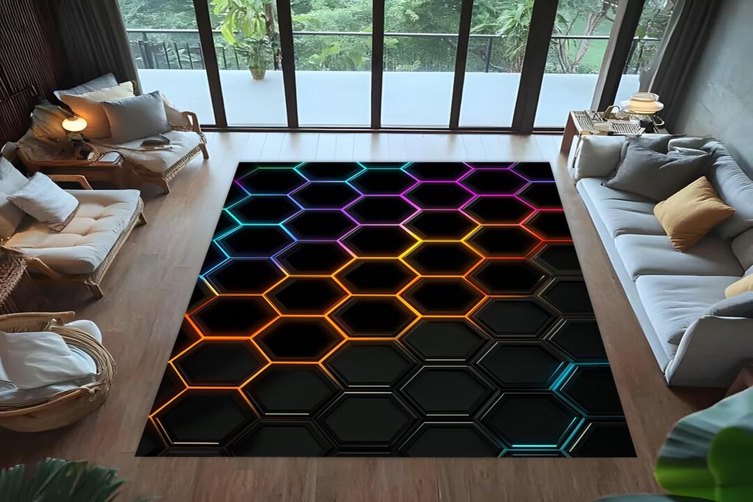 Cyperpunk Rug Neon Hexagon Rug, Cyberpunk Gaming Room Carpet, Modern Tech Decor Floor ...