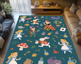 May include: A teal area rug featuring illustrations of characters from Alice in Wonderland. The design includes Alice, the Mad Hatter, the Queen of Hearts, the White Rabbit, and the Cheshire Cat, along with keys, bottles, and other themed elements.