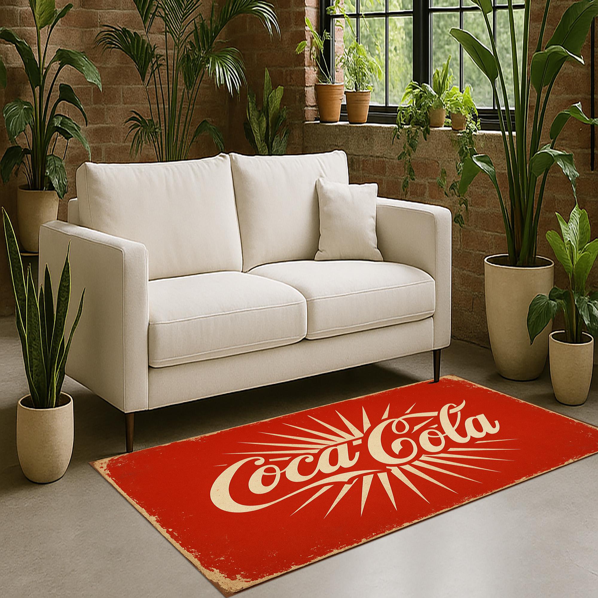 Coca Cola Rug: Retro Red Design, Classic Beverage Logo Pattern
