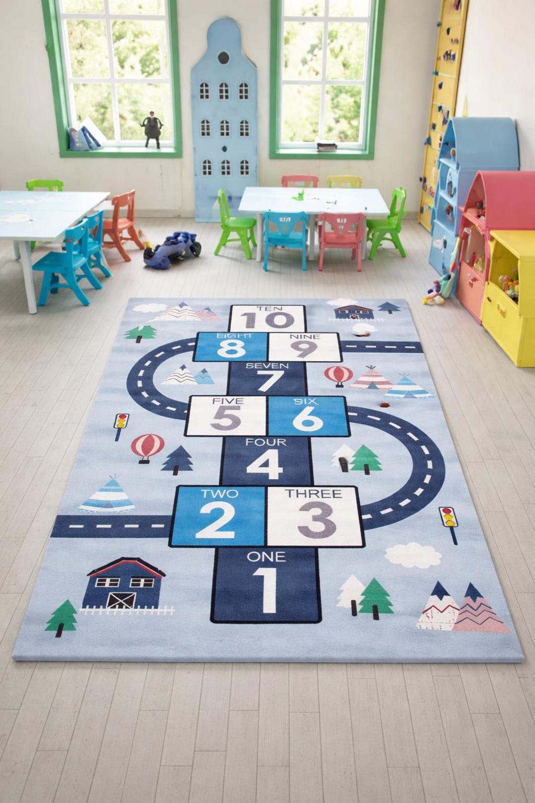 Popcorn Math Runner Rugs Kids Hopscotch Numbers Rug: Educational Road Game Carpet, Blue Learning ...