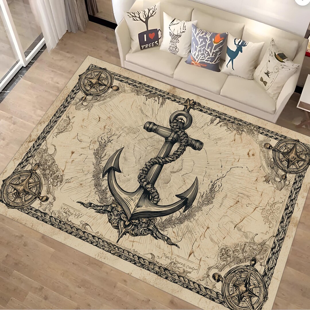 Nautical Anchor Rug Vintage Compass Map Carpet Beige Black Maritime ...
