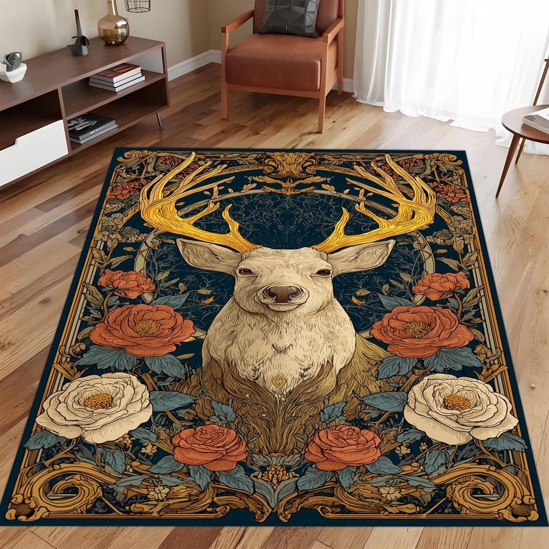 Deer Antler Rug: Floral Roses Carpet, Elegant Woodland Accent, Nature ...