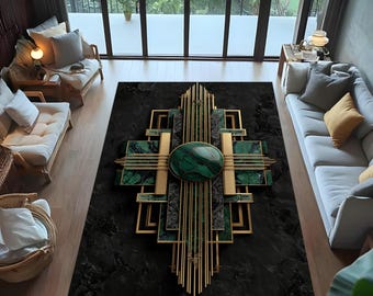Art Deco Emerald Green Rug: Geometric Gold Line Design