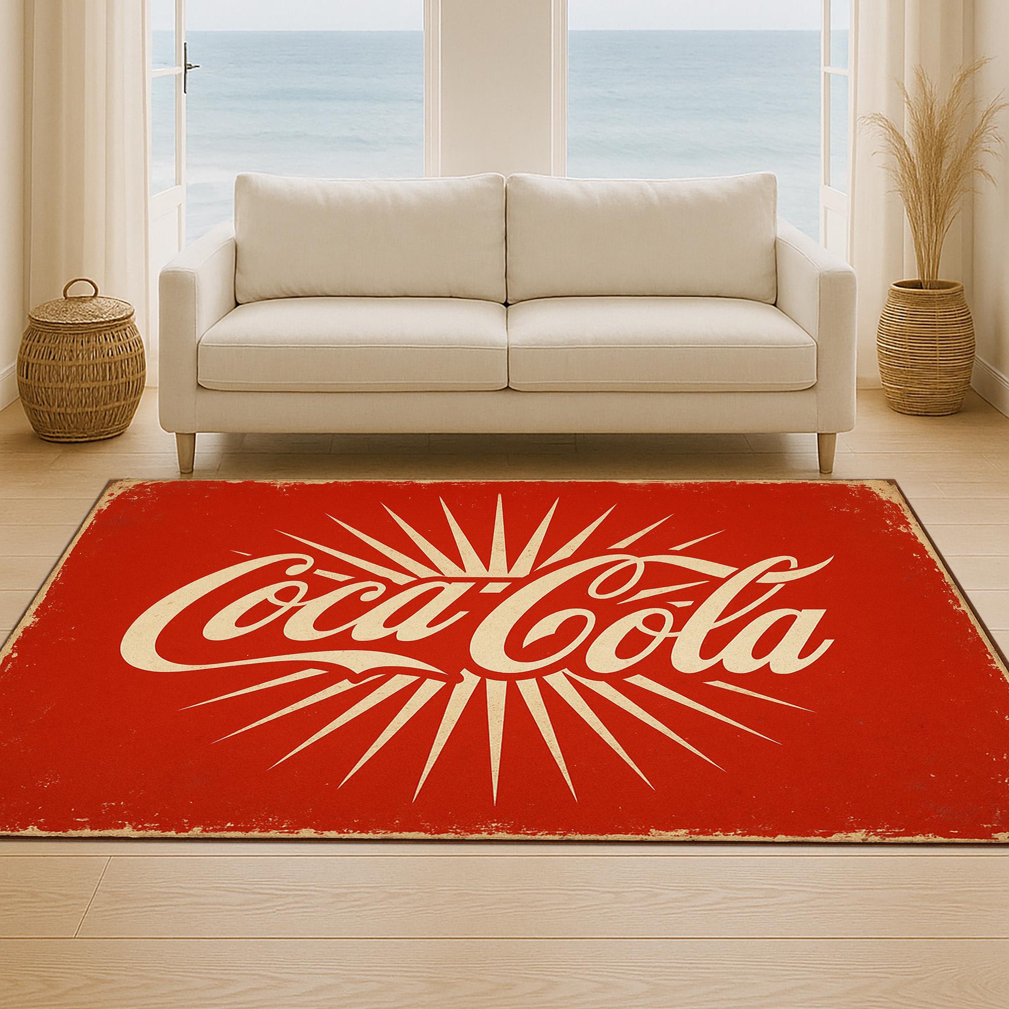 Coca Cola Rug: Retro Red Design, Classic Beverage Logo Pattern