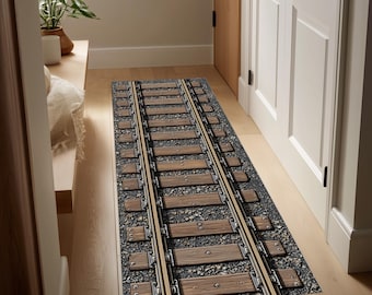 Alfombra de vías de tren: diseño de madera y metal, estilo industrial realista, estilo vintage.
