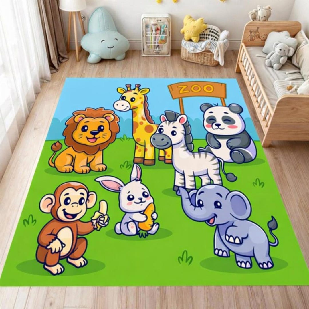 Kids Zoo Rug: Cute Cartoon Animals Carpet, Blue Green Playful Design ...