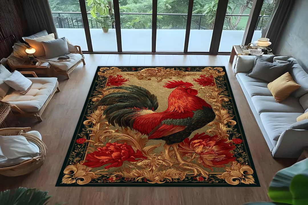 Rustic Folk Chicken Rug Vintage Rooster Rug, French Country Floral Carpet, Rustic Chicken Decor ...