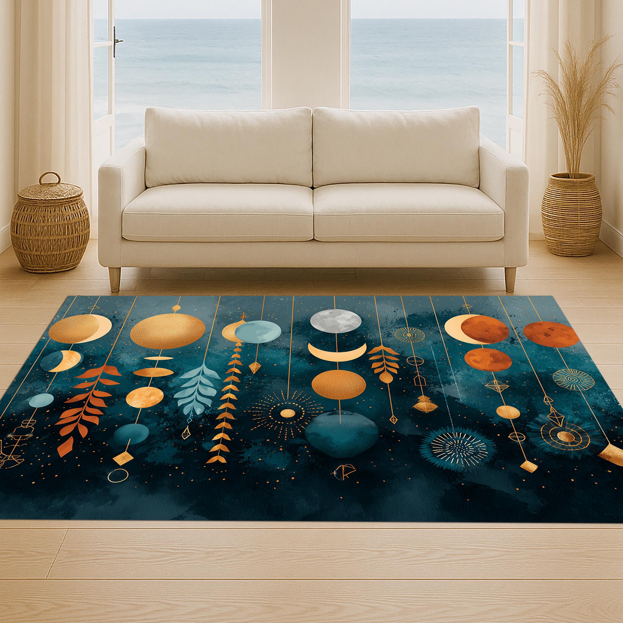 Moon Pattern Rug Cosmic Phases Rug: Lunar Eclipse Design, Golden Celestial Moons ...